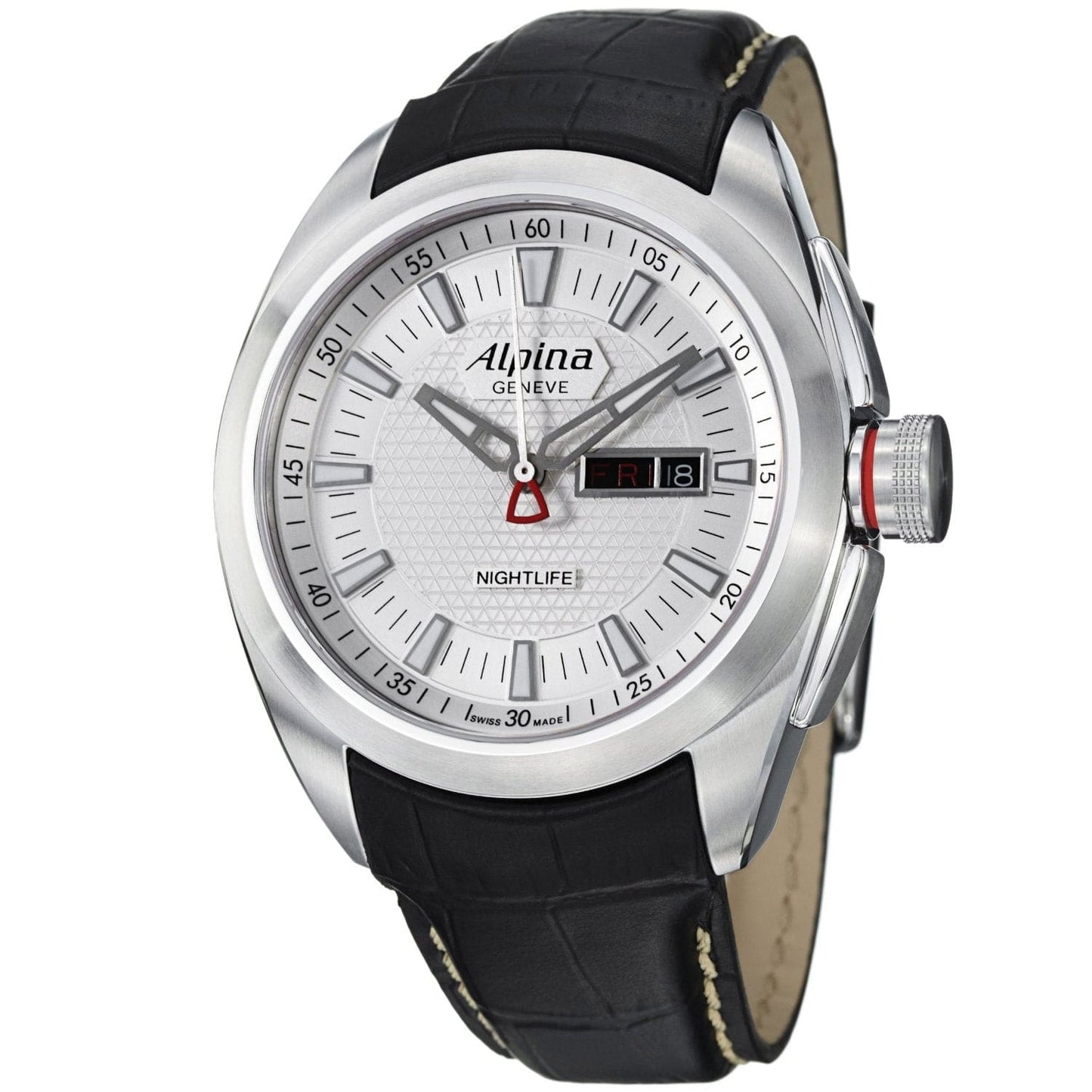 Alpina Men’s ’Club’ Silver Dial Black Leather Strap Day Date
