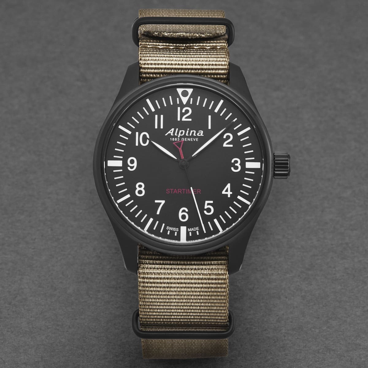 Alpina Mens ’Startimer Pilot’ Black Dial Brown Canvas Strap Quartz Watch AL-235B4FBS6 - On sale