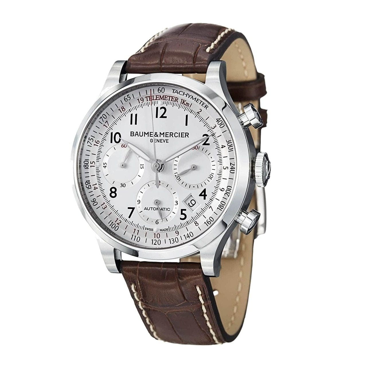 Baume & Mercier A10082 Capeland White Dial Men's Brown Leather Chronograph Watch 7612456845598