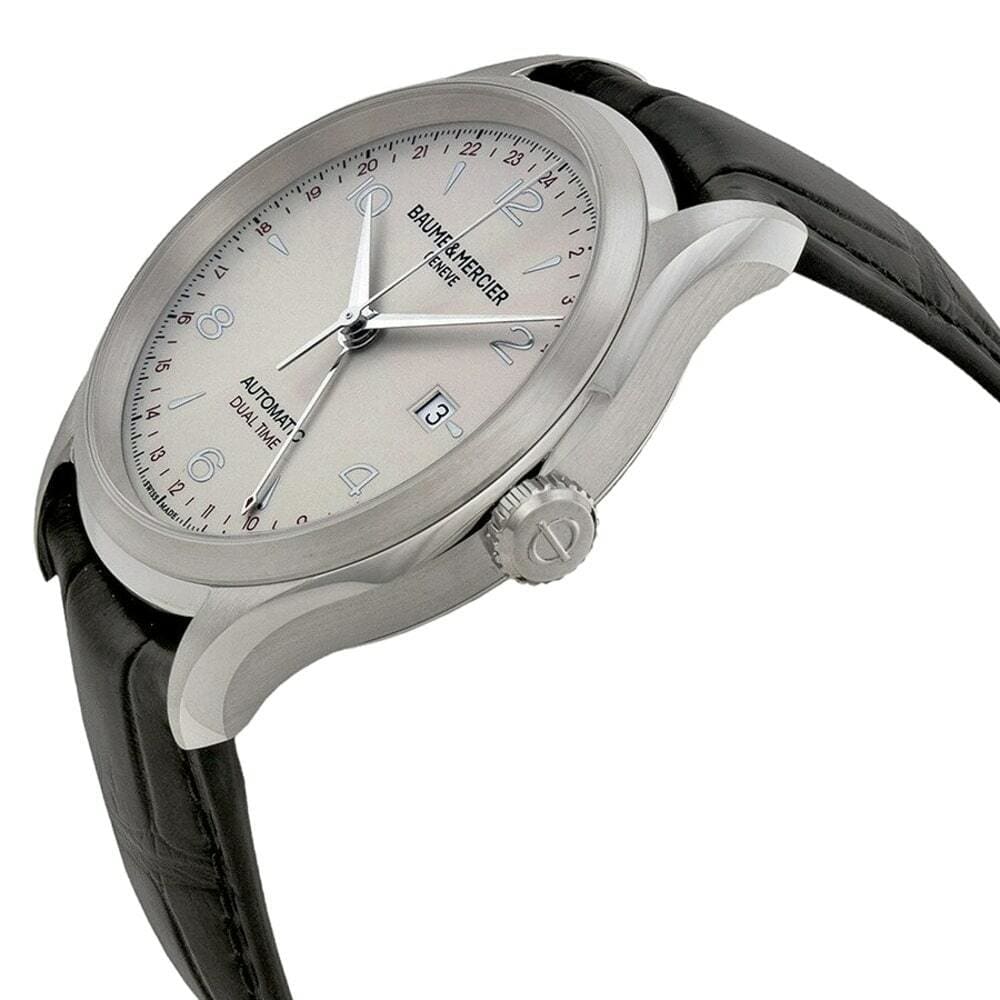 Baume & Mercier A10112 Clifton Dual Time Silver Dial Men's Black Leather Automatic Watch 7613268012734