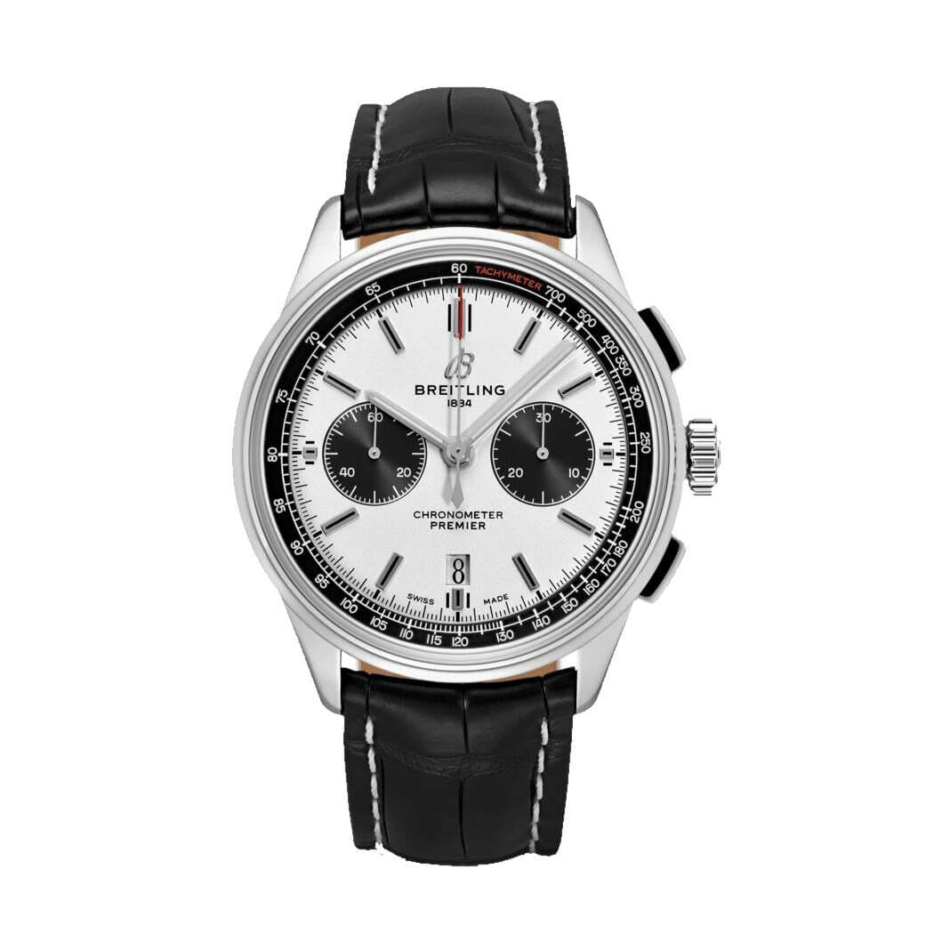 Breitling AB0118221G1P1 Premier Silver Dial Men's Black Leather Chronograph Watch 842047180013