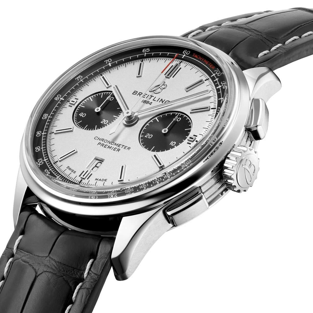 Breitling AB0118221G1P1 Premier Silver Dial Men's Black Leather Chronograph Watch 842047180013