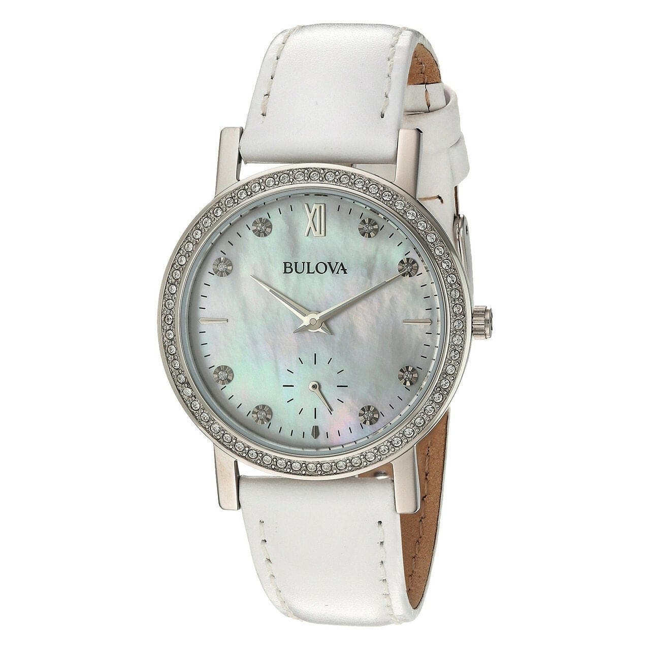 Bulova 96L245 Mother of Pearl Dial Swarovski Accent White Leather Women's Watch 042429548275