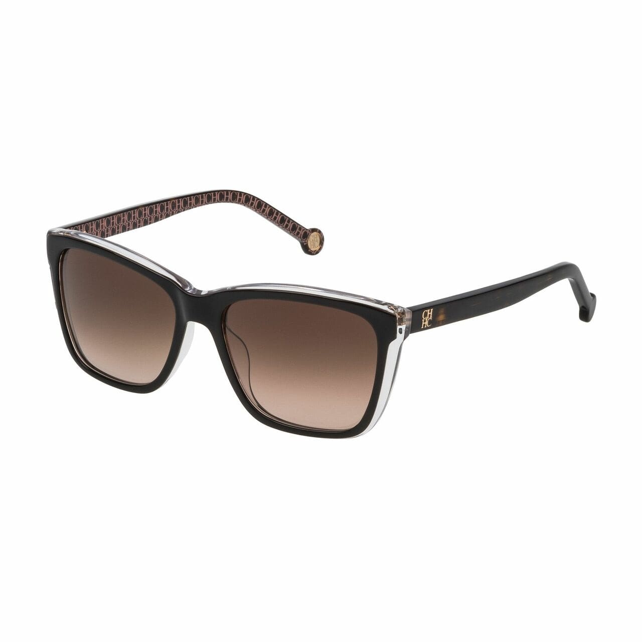 Carolina Herrera SHE695-Z32P Black Beige Logo Pattern Square Dark Grey Lens Women's Sunglasses