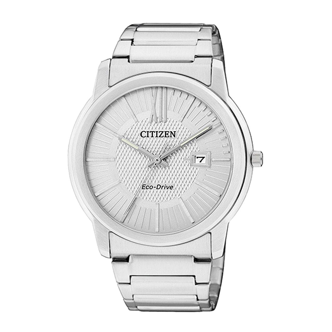 Citizen AW1210-58A Silver Stainless Steel White Textured Dial Men's Eco-Drive Watch 4974374228406