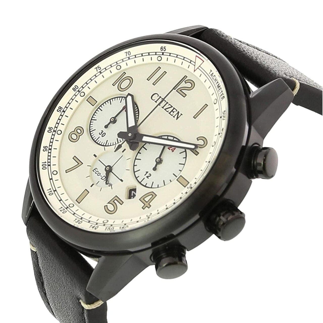 Citizen CA4425-10X Beige Dial Black Leather Men's Chronograph Tachymeter Watch 4974374283825