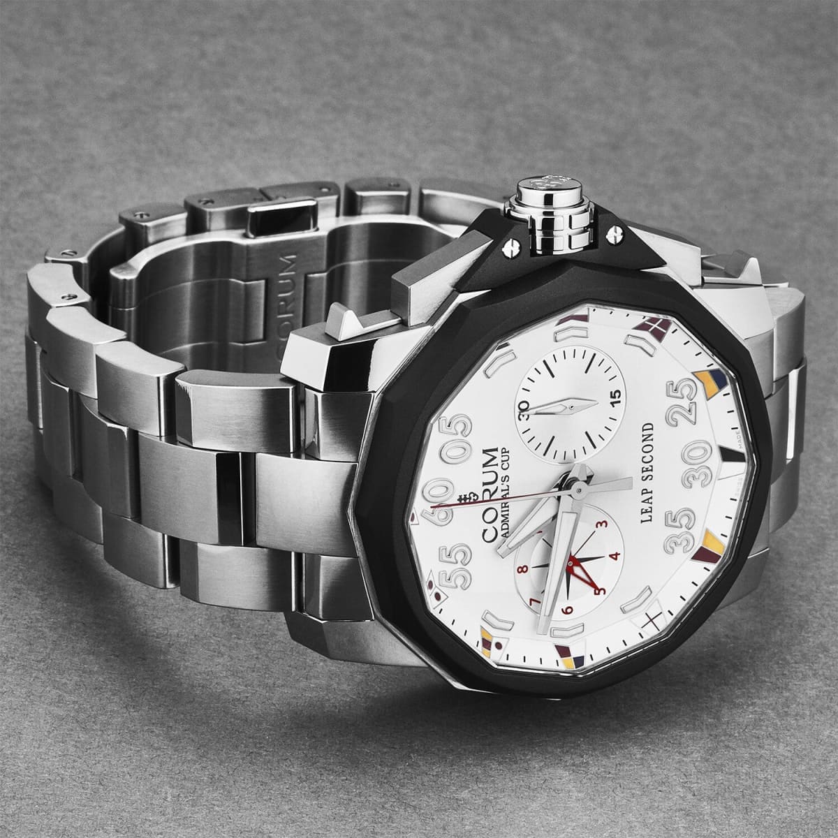 Corum Men’s ’Admiral Cup’ White Dial Stainless Steel Bracelet Titanium Leap Second Chronograph Automatic Watch 