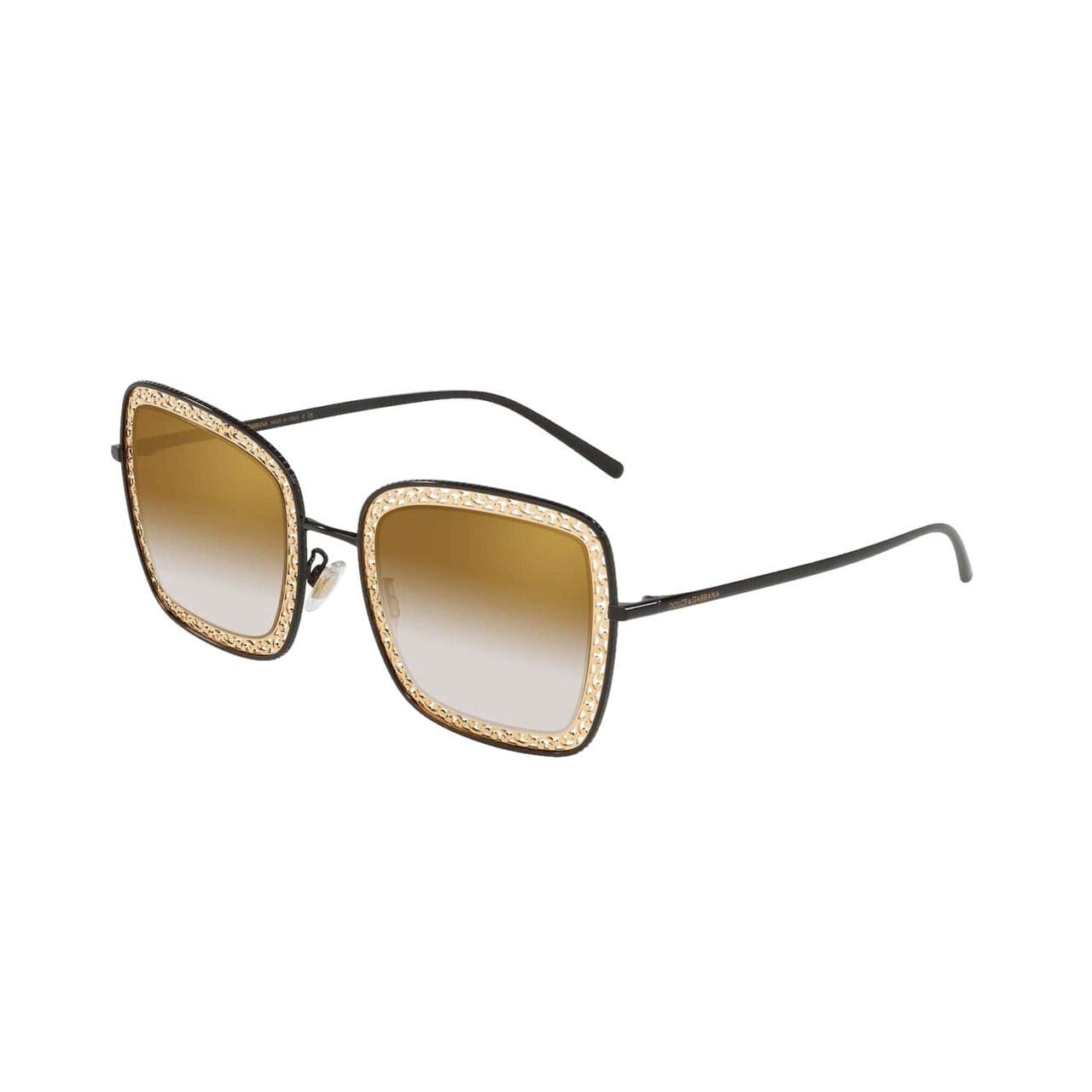 Dolce & Gabbana DG2225-13116E Devotion Shiny Black Gold Square Light Brown Gradient Mirrored Sunglasses 8056597018401