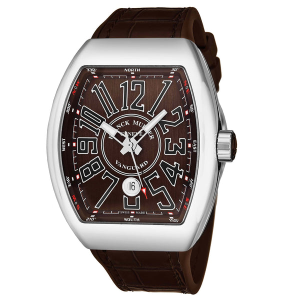 Franck Muller Men's 45 SC STL BRN SHNY 'Vanguard' Brown Dial Brown Leather/Rubber Strap Date Automatic Watch