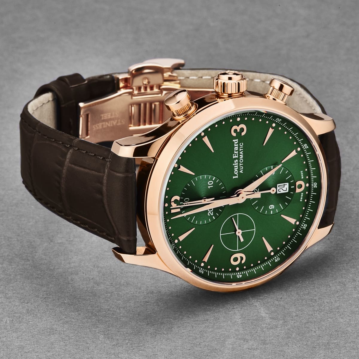 Louis Erard Men’s ’1931’ Chronograph Green Dial Brown Leather Strap Automatic Watch 78225PR19.BRC03 - On sale