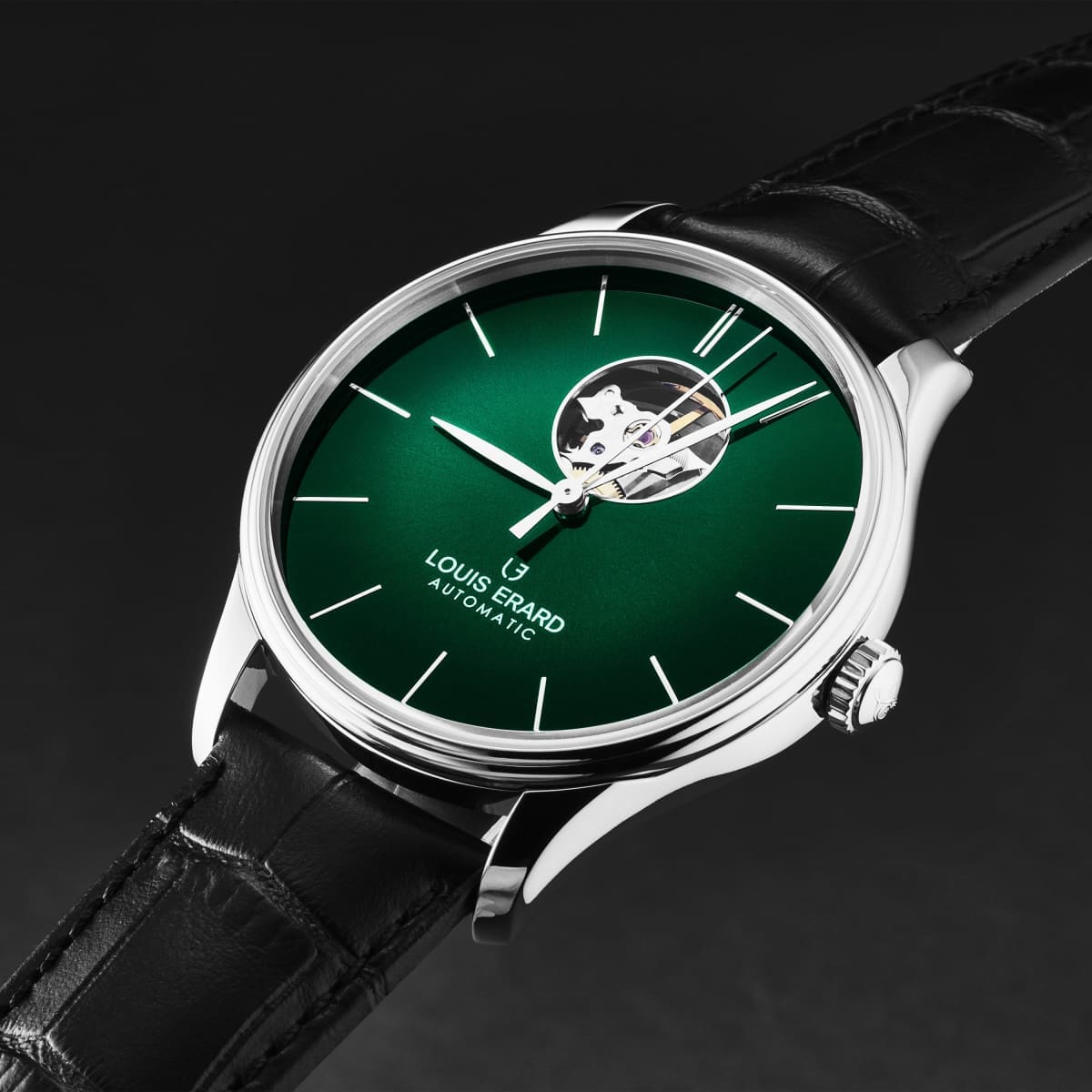 Louis Erard Men’s ’Heritage’ Green/Black Dial Black Leather Strap Automatic Watch 60287AA89.BAAC82 - On sale