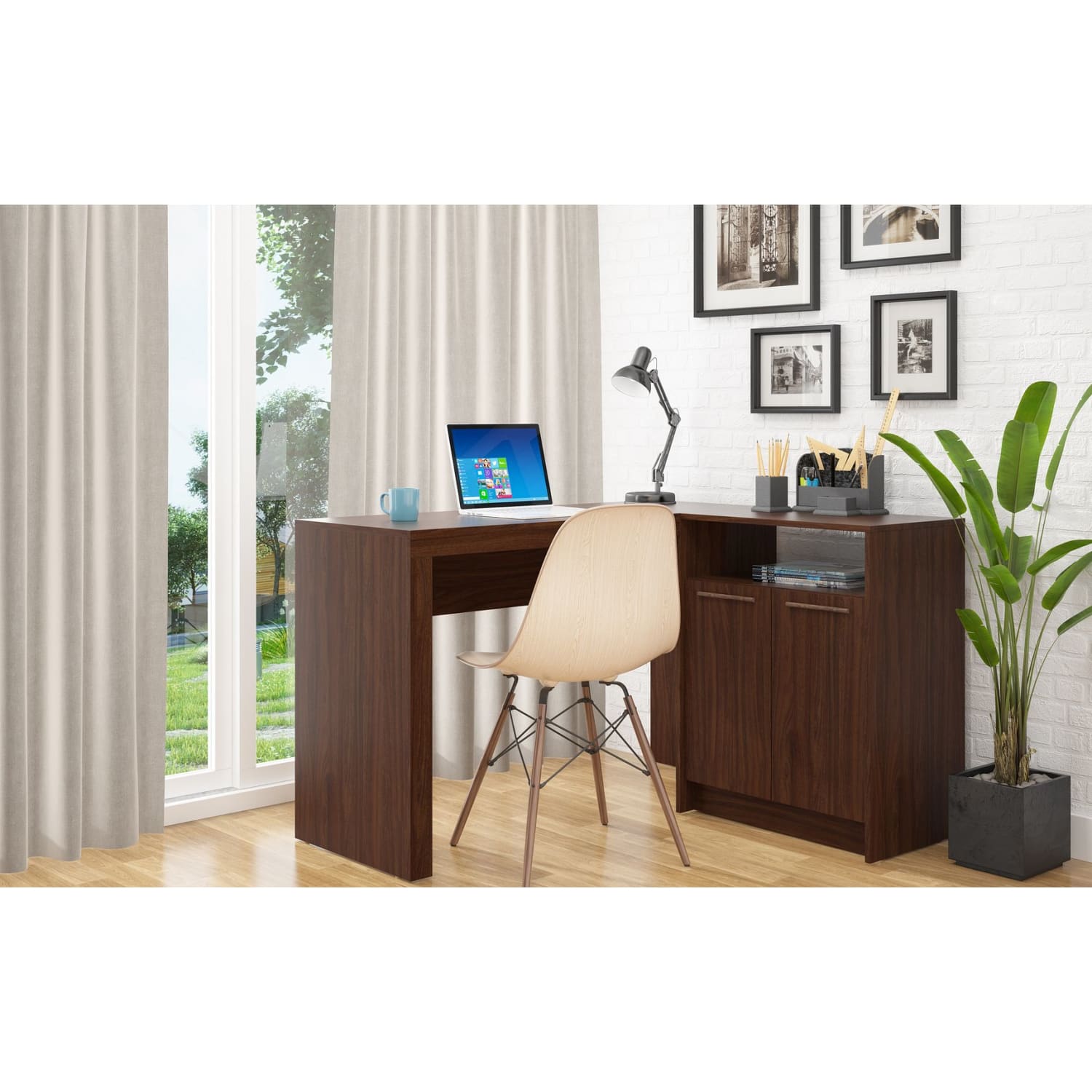 Manhattan Comfort Kalmar L-Shaped Office Desk with Inclusive