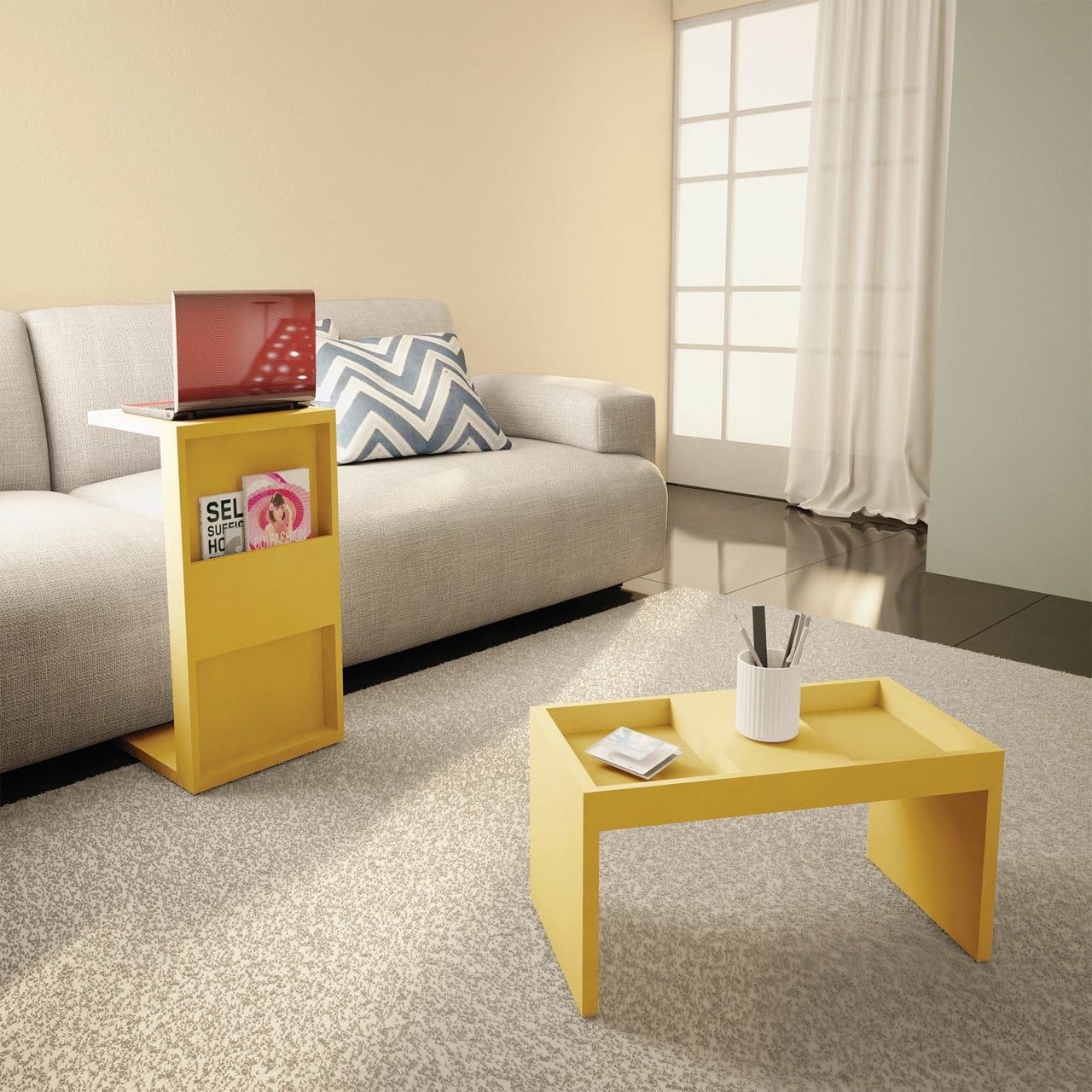 Manhattan Comfort Marine Modern Accent End & Coffee Table w/ Magazine Shelf in Yellow - Set of 2 13LC6 810025594329