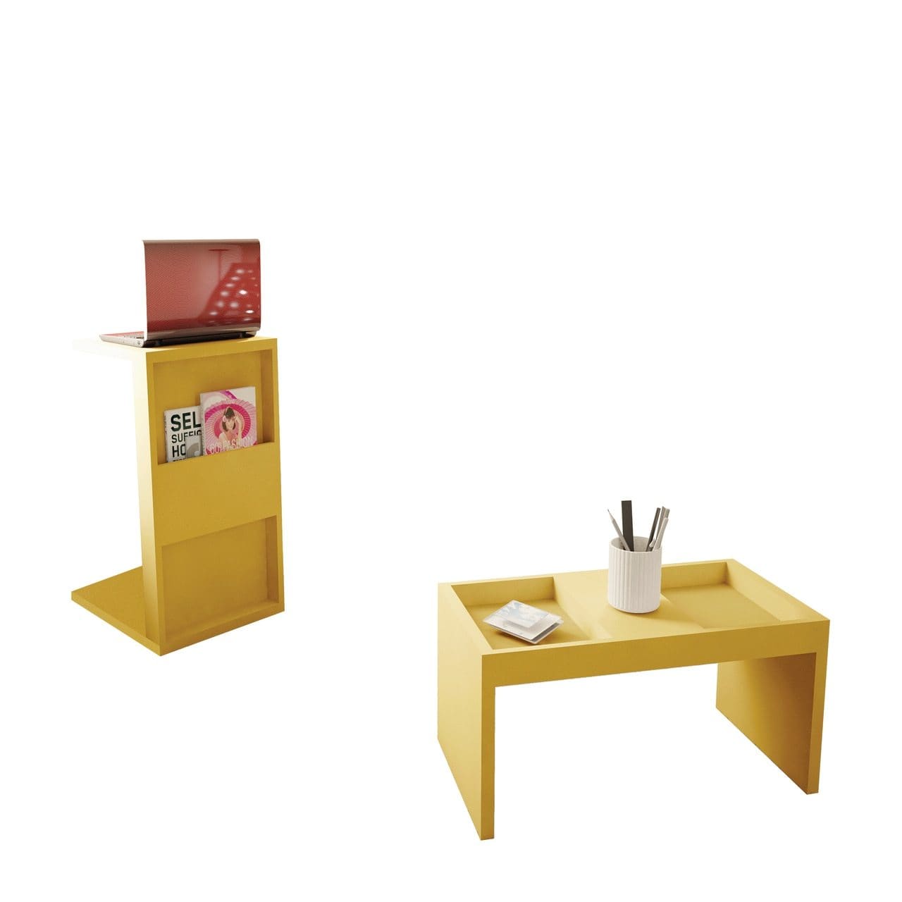 Manhattan Comfort Marine Modern Accent End & Coffee Table w/ Magazine Shelf in Yellow - Set of 2 13LC6 810025594329