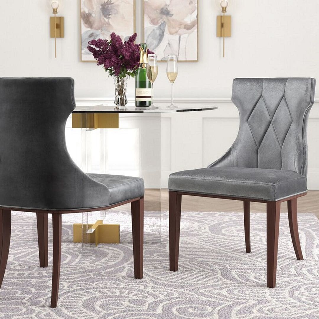 Manhattan Comfort Reine Grey and Walnut Velvet Dining Chair 