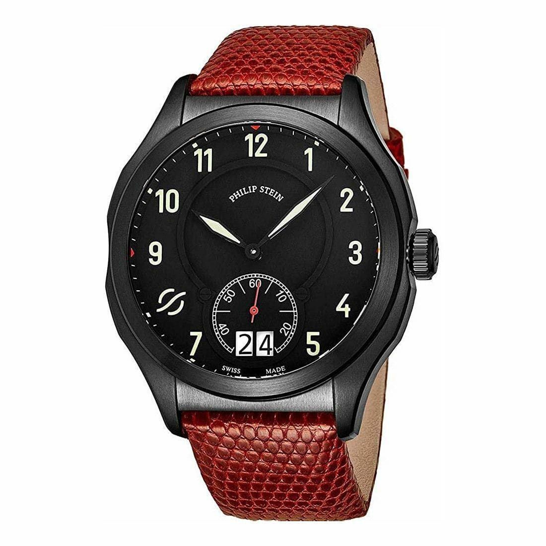 Philip Stein 17BSBKLZR Prestige Black Dial Men's Red Leather Quartz Watch 794504350340