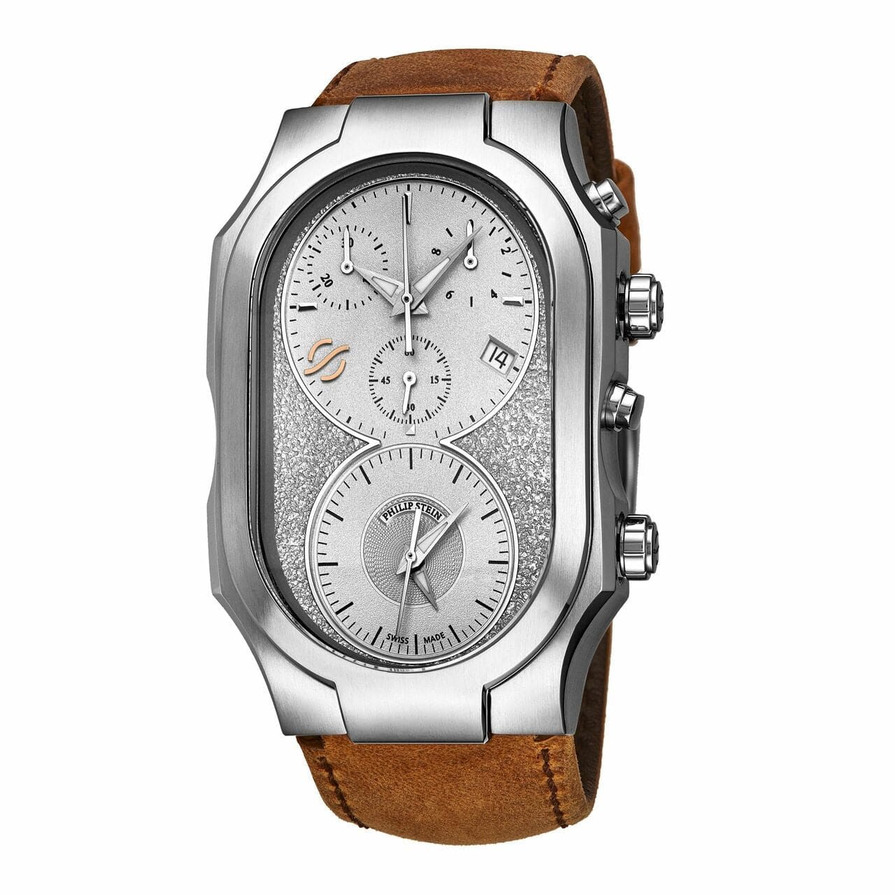 Philip Stein 300SLGCASTM Signature Silver Dial Men's Beige Leather Chronograph Watch 843342072119