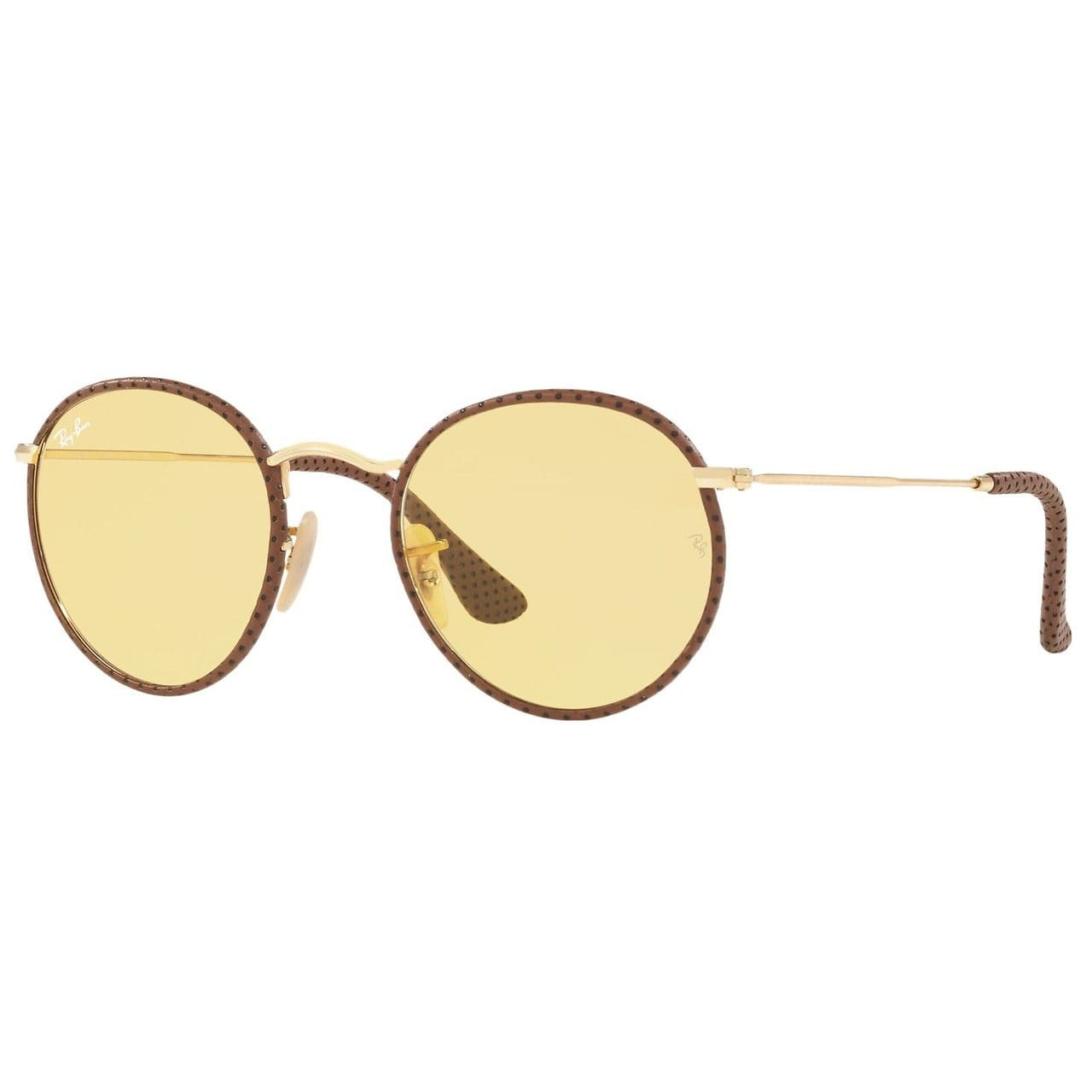 Ray-Ban RB3475Q 90424A Round Craft Brown Leather Gold Frame Brown Yellow Ambermatic Lens Sunglasses 8053672790160