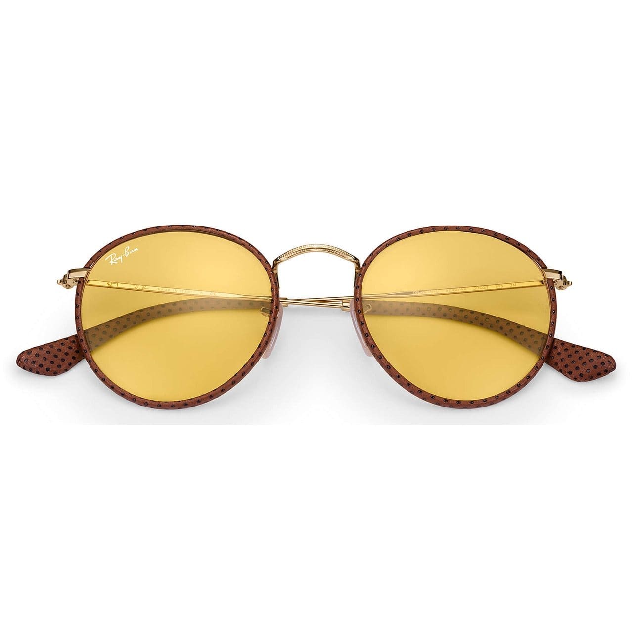 Ray-Ban RB3475Q 90424A Round Craft Brown Leather Gold Frame Brown Yellow Ambermatic Lens Sunglasses 8053672790160
