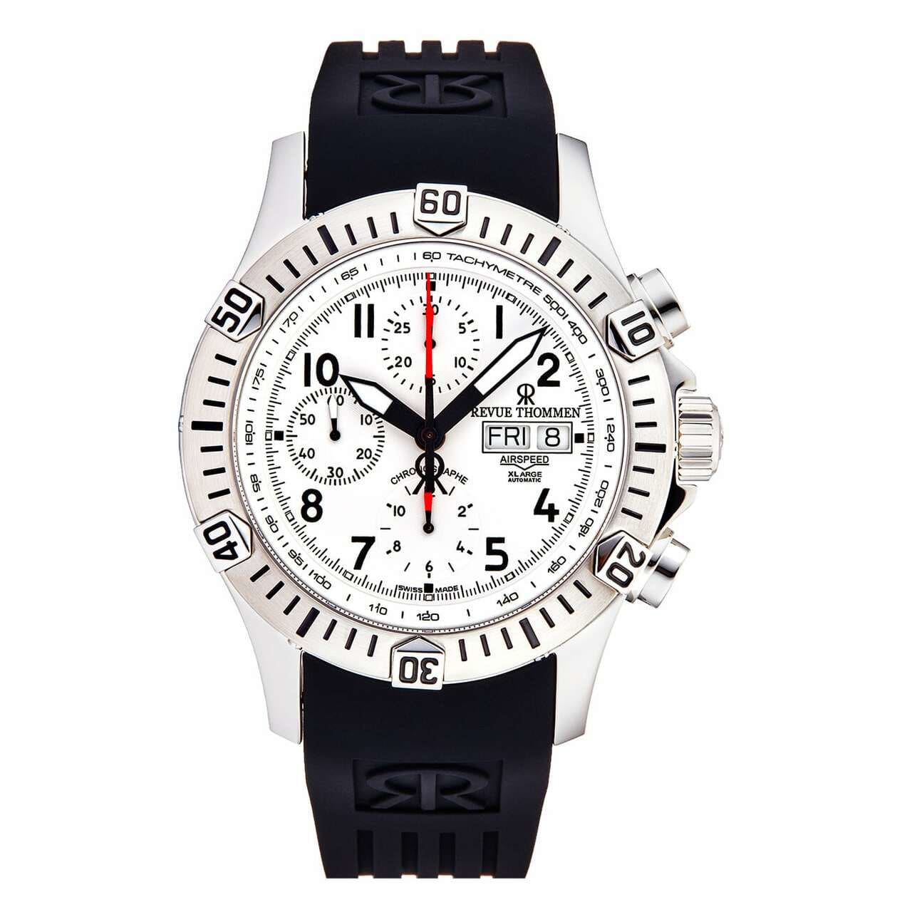 Revue Thommen 16071.6822 Airspeed XLarge Silver Dial Black Rubber Chronograph Tachymeter Watch