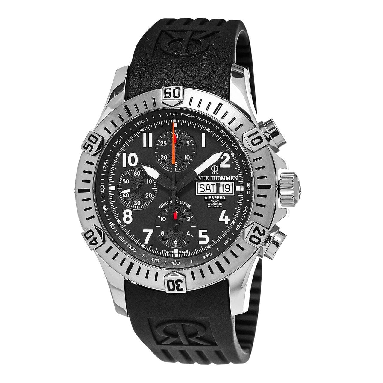 Revue Thommen 16071.6834 Airspeed XLarge Black Dial Rubber Chronograph Automatic Watch 794504234442