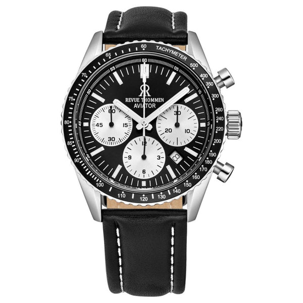 Revue Thommen 17000.6534 Men's 'Aviator' Black Dial Leather Strap Chronograph Automatic Watch