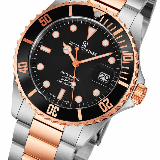 Revue Thommen 17571.2157 Diver Black Dial Two Tone Rosegold Stainless Steel Swiss Watch 794504322149
