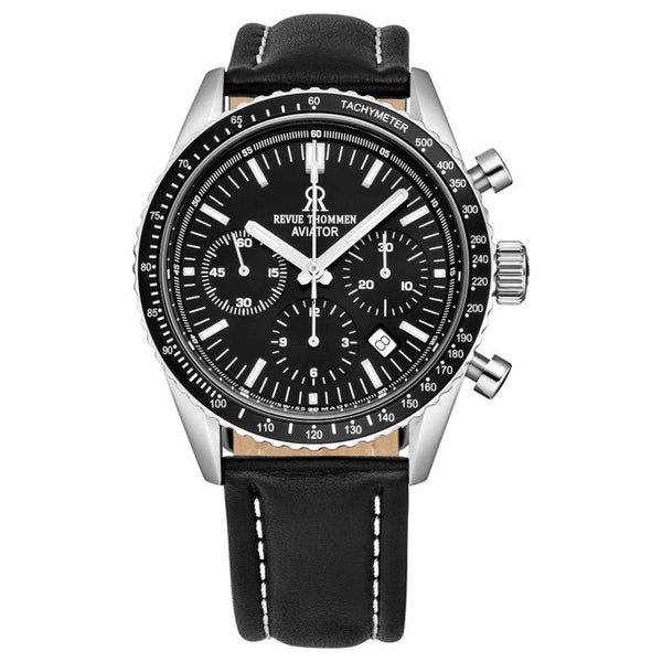 Revue Thommen Men's 17000.6537 'Aviator' Black Dial Leather Strap Chronograph Automatic Watch