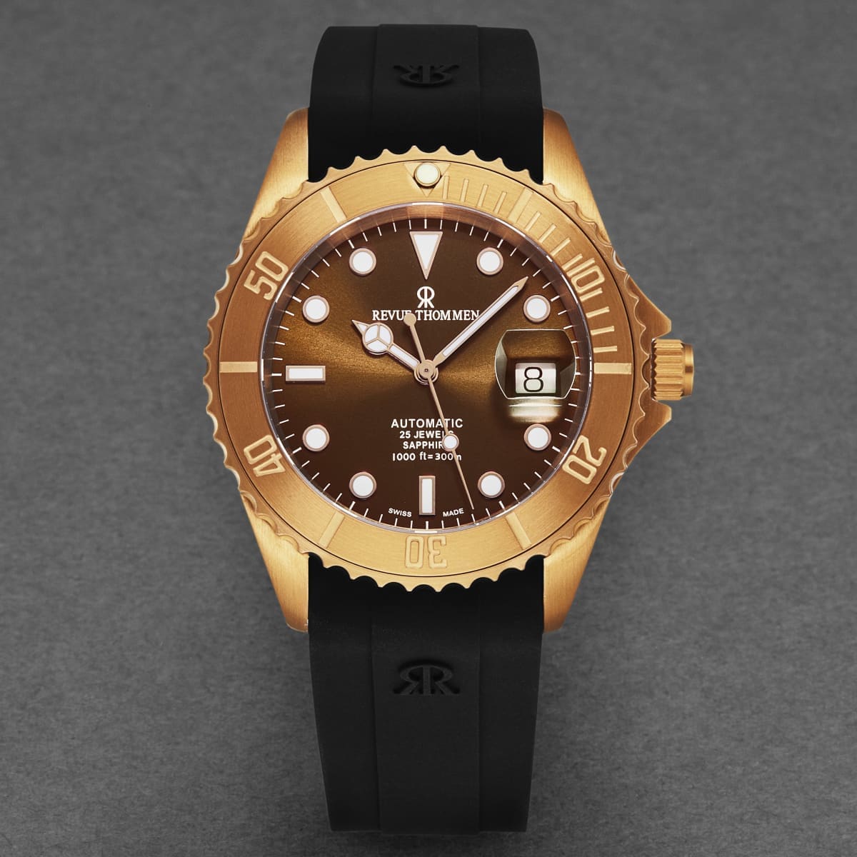 Revue Thommen Men’s ’Diver’ Brown Dial Black Rubber Strap Bronze/Steel Automatic Watch 17571.2896 - On sale