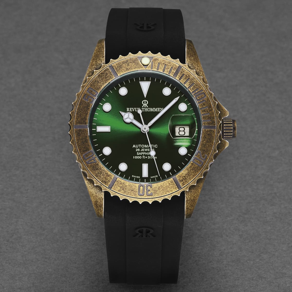 Revue Thommen Men’s ’Diver’ Green Dial Black Rubber Gunmetal Automatic Watch 17571.2884 - On sale