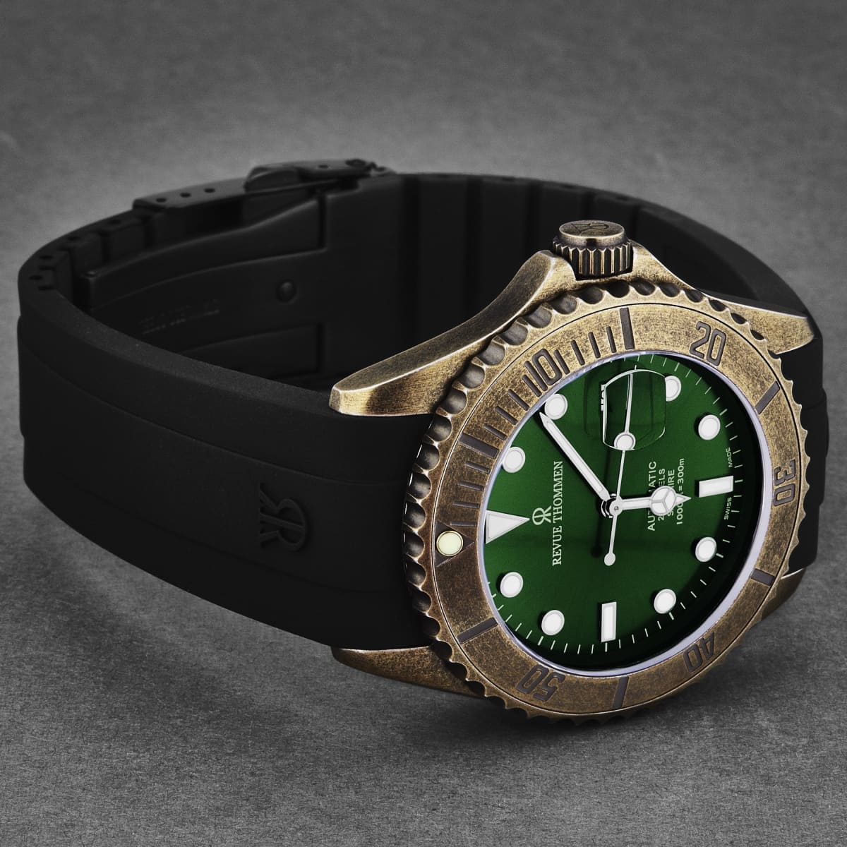 Revue Thommen Men’s ’Diver’ Green Dial Black Rubber Gunmetal Automatic Watch 17571.2884 - On sale