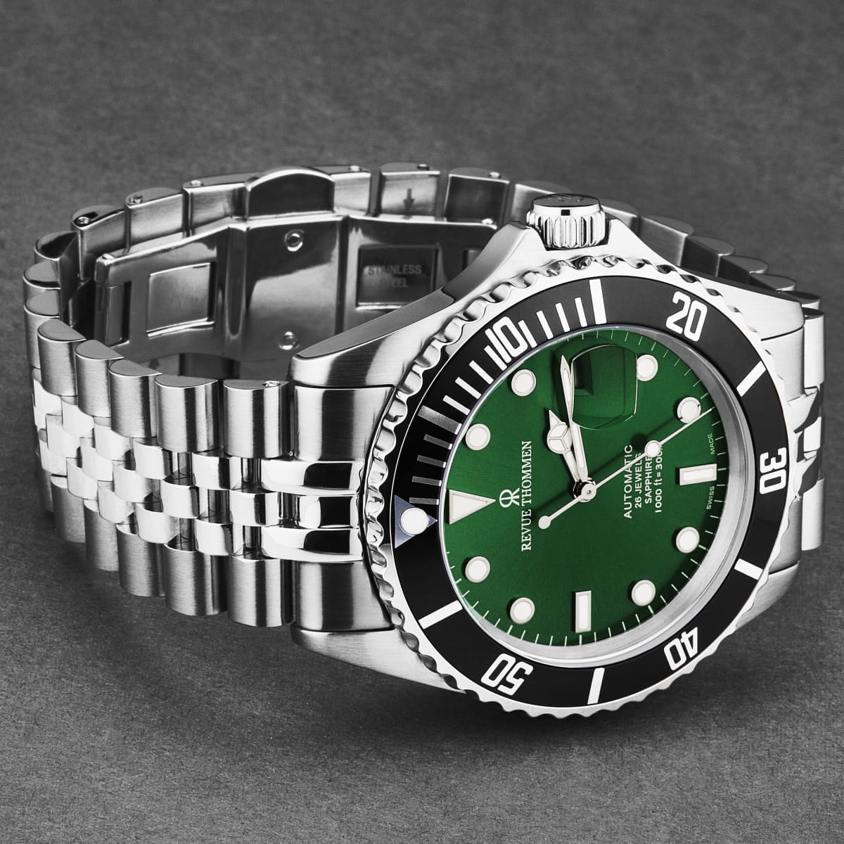 Revue Thommen Men’s ’Diver’ Green Dial Stainless Steel Bracelet Automatic Watch 17571.2222 - On sale