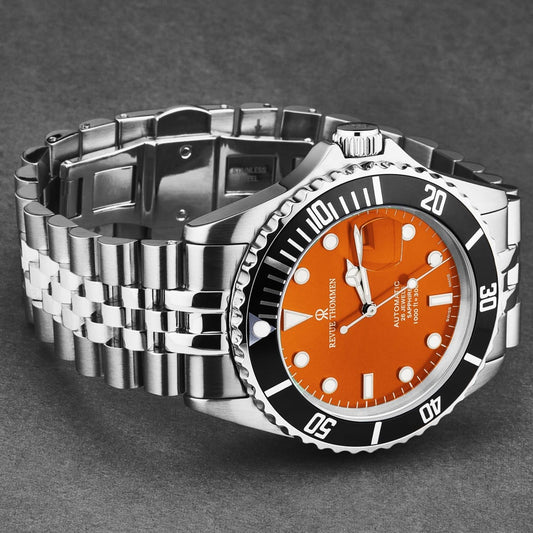 Revue Thommen Men’s ’Diver’ Orange Dial Stainless Steel Bracelet Automatic Watch 17571.2239 - On sale