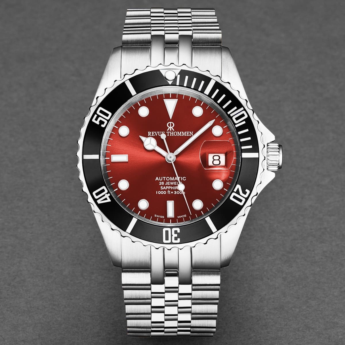Revue Thommen Men’s ’Diver’ Red Dial Stainless Steel Bracelet Automatic Watch 17571.2238 - On sale