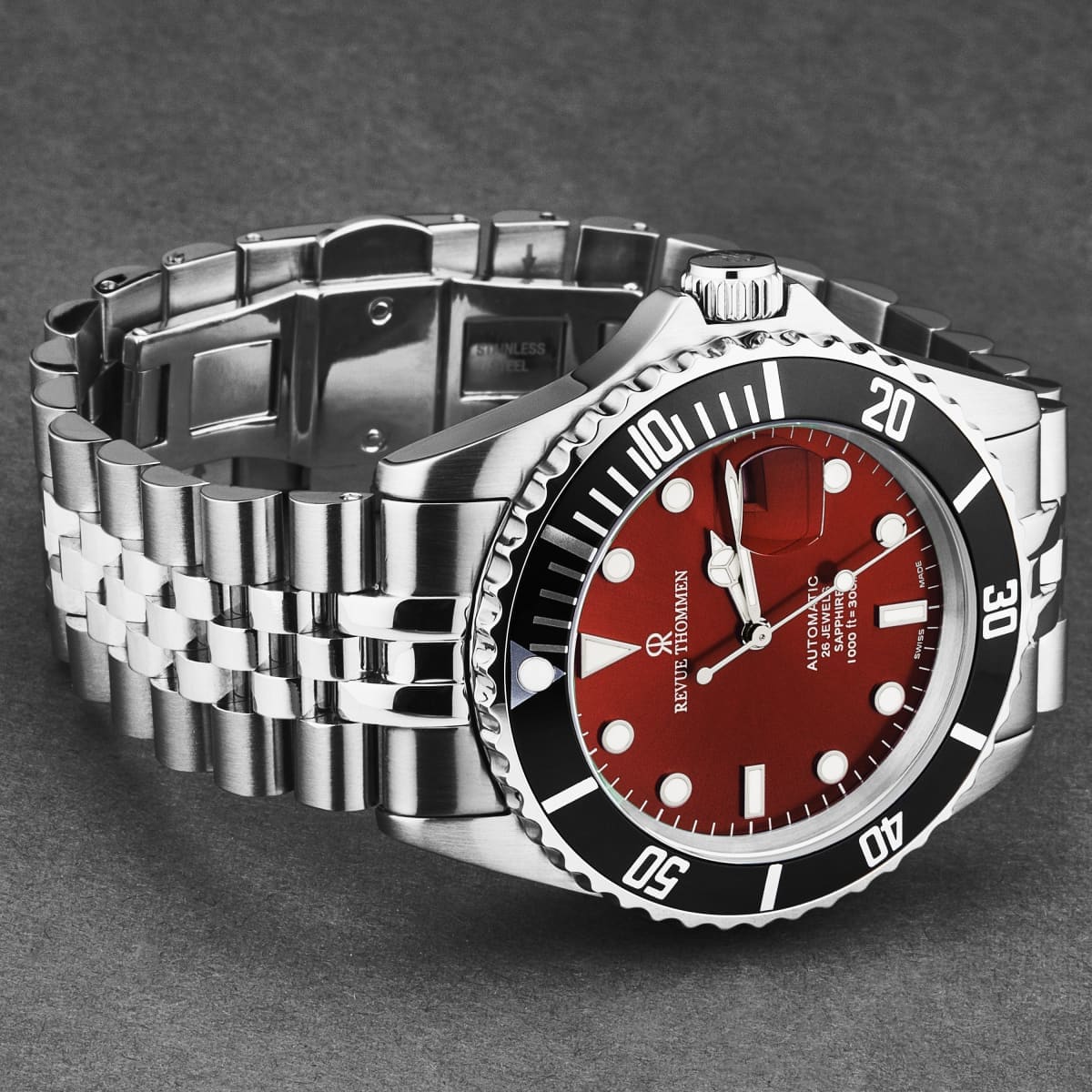 Revue Thommen Men’s ’Diver’ Red Dial Stainless Steel Bracelet Automatic Watch 17571.2238 - On sale