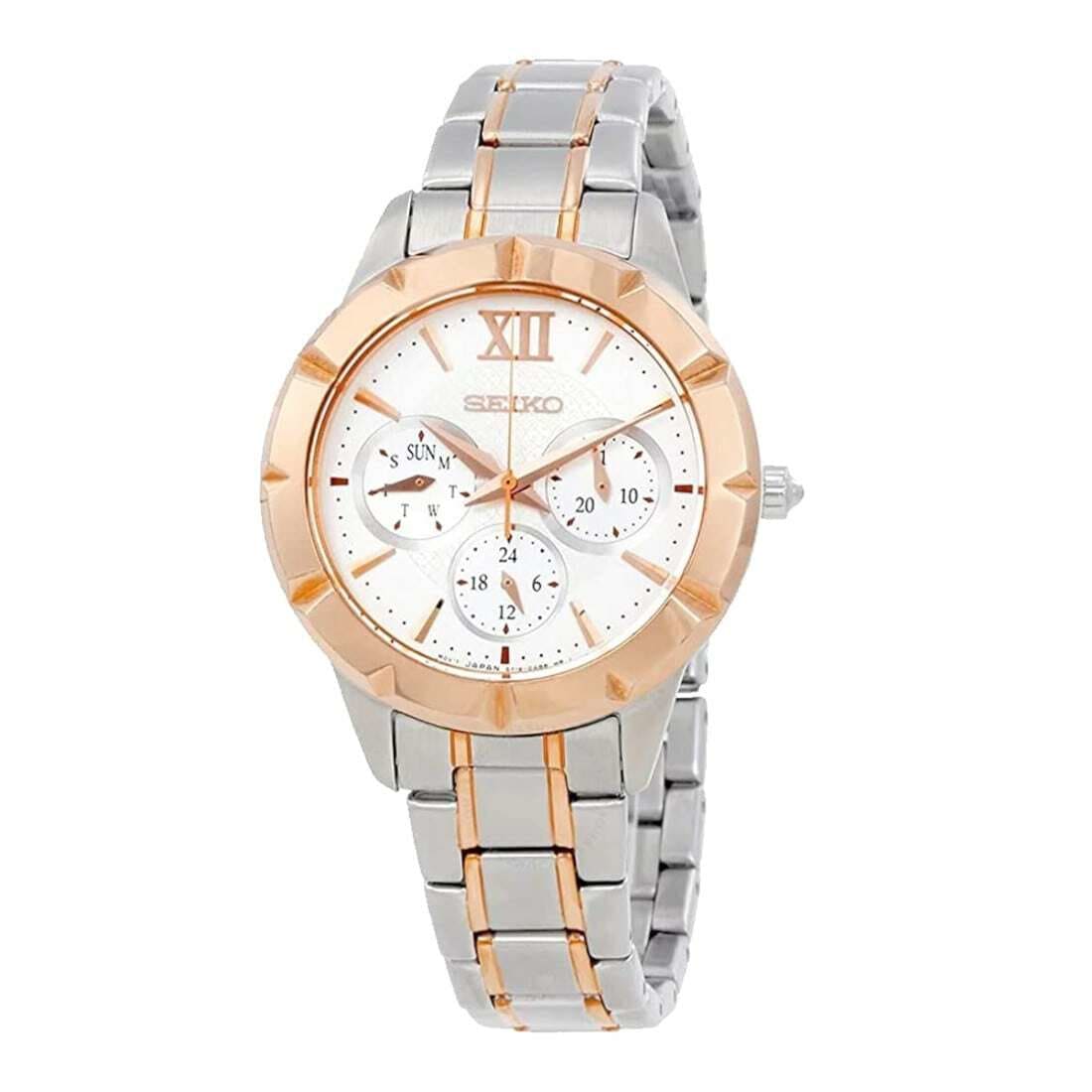Seiko SKY692 Two Tone Rosegold Stainless White Dial Multi-Function Watch 4954628172648
