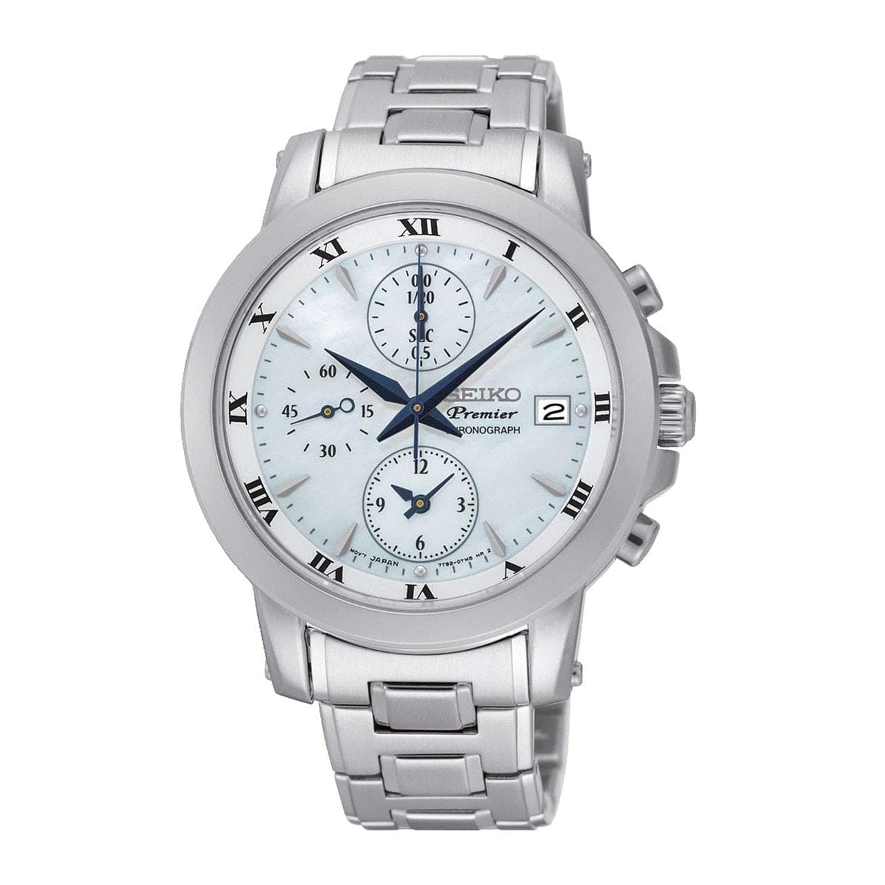 Seiko SNDV71 Premier Silver Stainless Steel White Dial Blue Hands Chronograph Watch 4954628192233