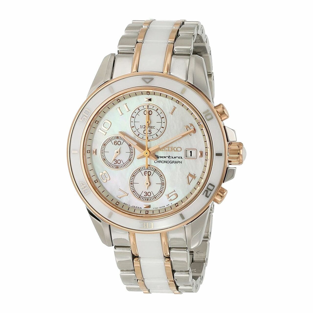 Seiko SNDX54 Two Tone Rosegold Mother of Pearl Dial Women's Ceramic Chronograph Watch 029665169341