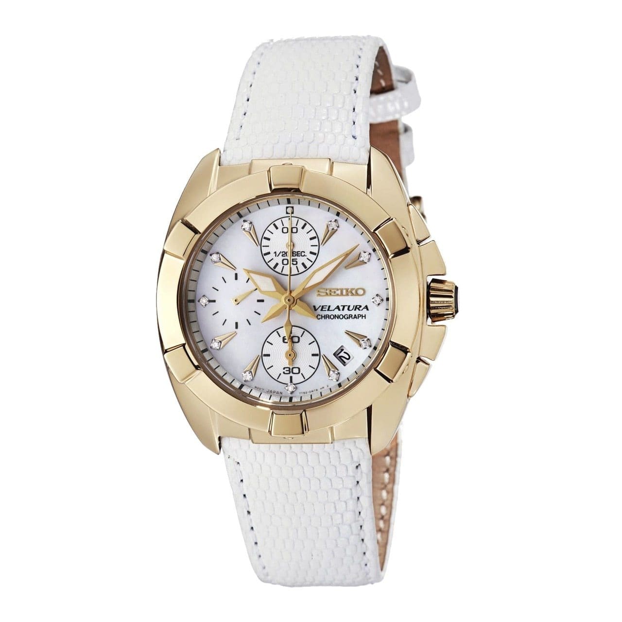 Seiko SNDY22 Velatura Mother of Pearl Dial White Leather Chronograph Watch 029665173720