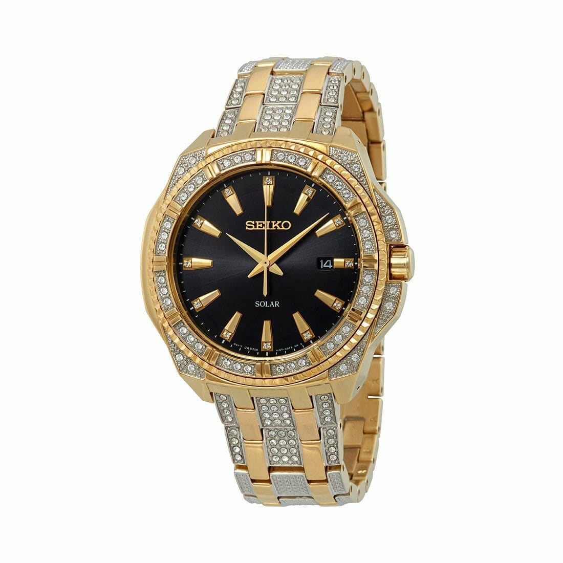 Seiko SNE458 Essentials Solar Two Tone Crystal Accented Black Dial Men's Eco-Drive Watch 029665190208