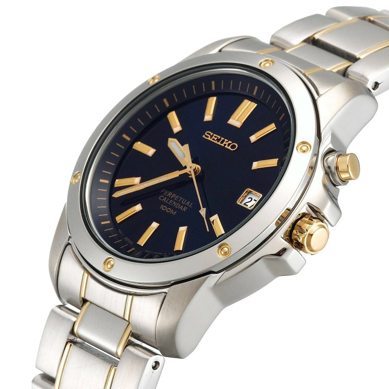 Seiko SNQ010 Two-Tone Navy Blue Dial Perpetual Calendar Men's Quartz Watch 029665136237