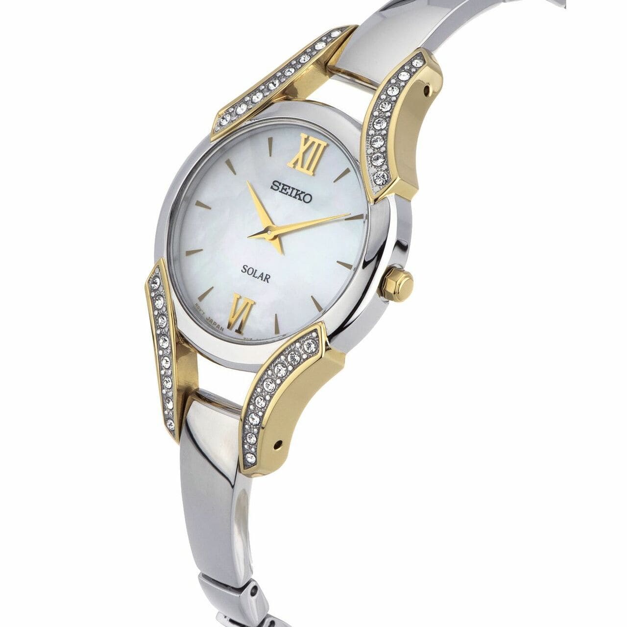 Seiko SUP214 Solar Stainless Steel Swarovski Crystal Bezel Mother of Pearl Dial Watch 029665169815