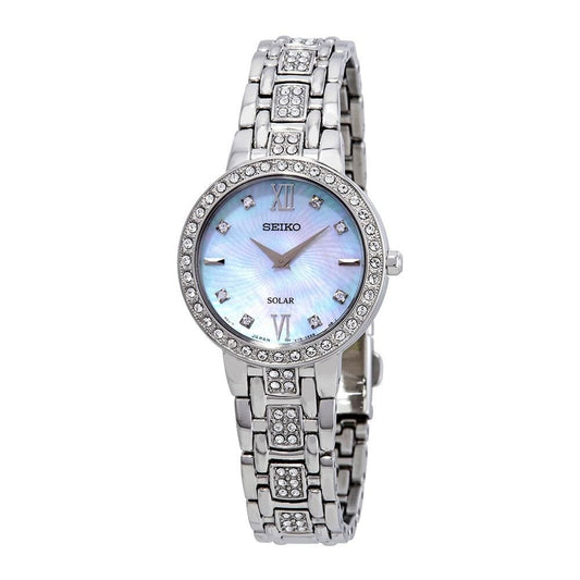 Seiko SUP359 Solar Mother Of Pearl Dial Swarovski Crystal Accent Women's Stainless Watcha 029665188649
