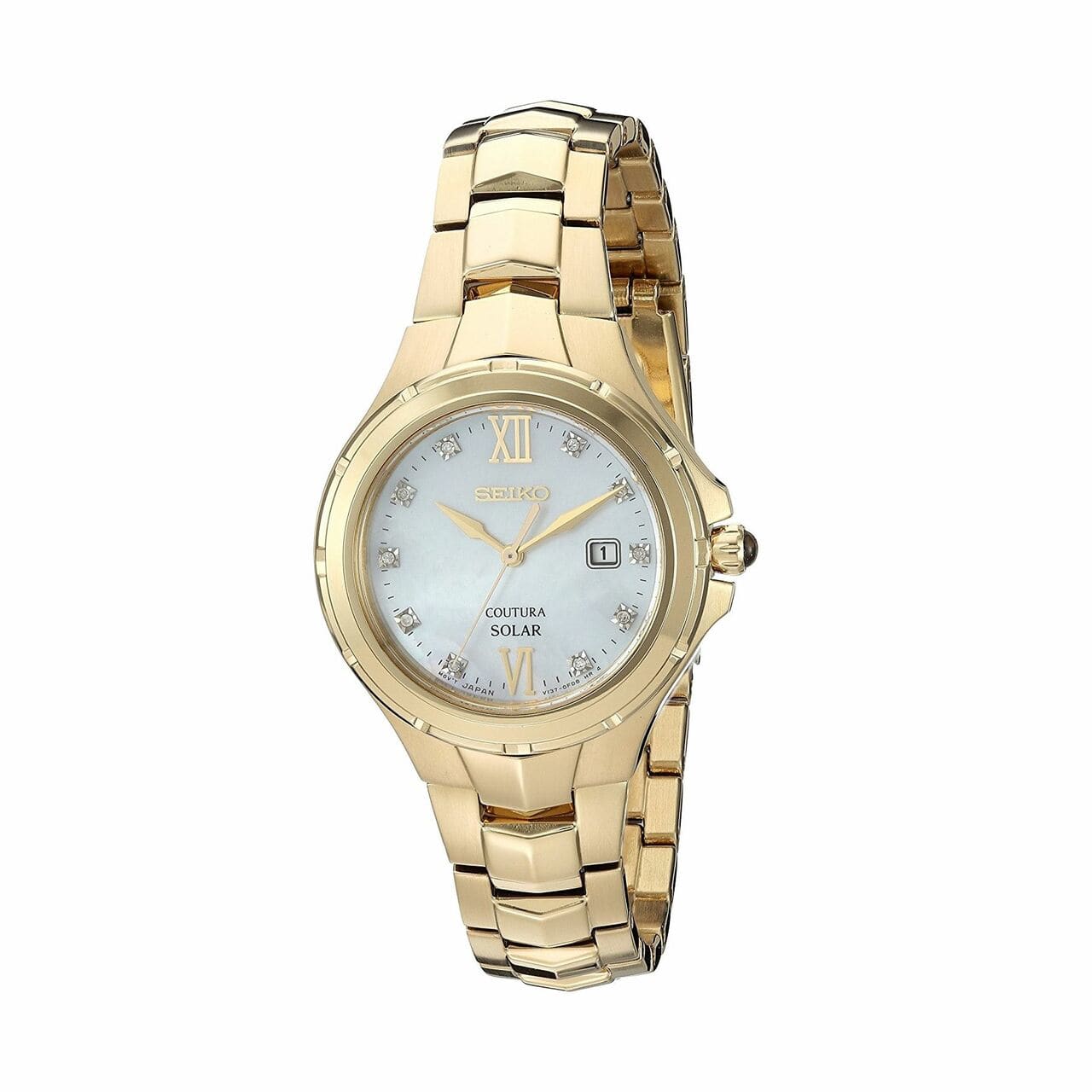 Seiko SUT310 Coutura Solar Gold Tone Diamond Markers Mother of Pearl Dial Women's Watch 029665186010