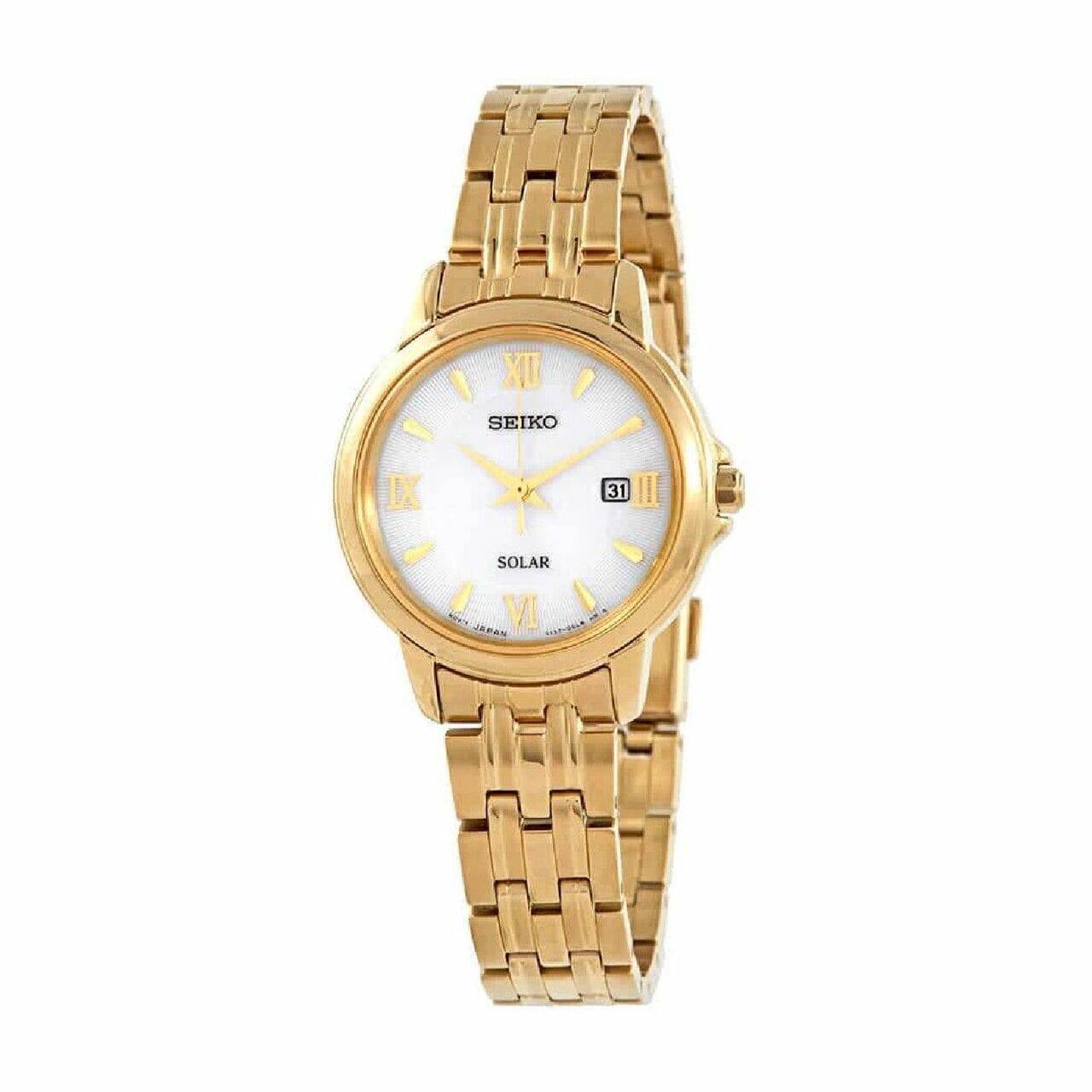 Seiko SUT350 Essentials Gold Tone Stainless Steel White Dial Women's Eco-Drive Watch 029665192011
