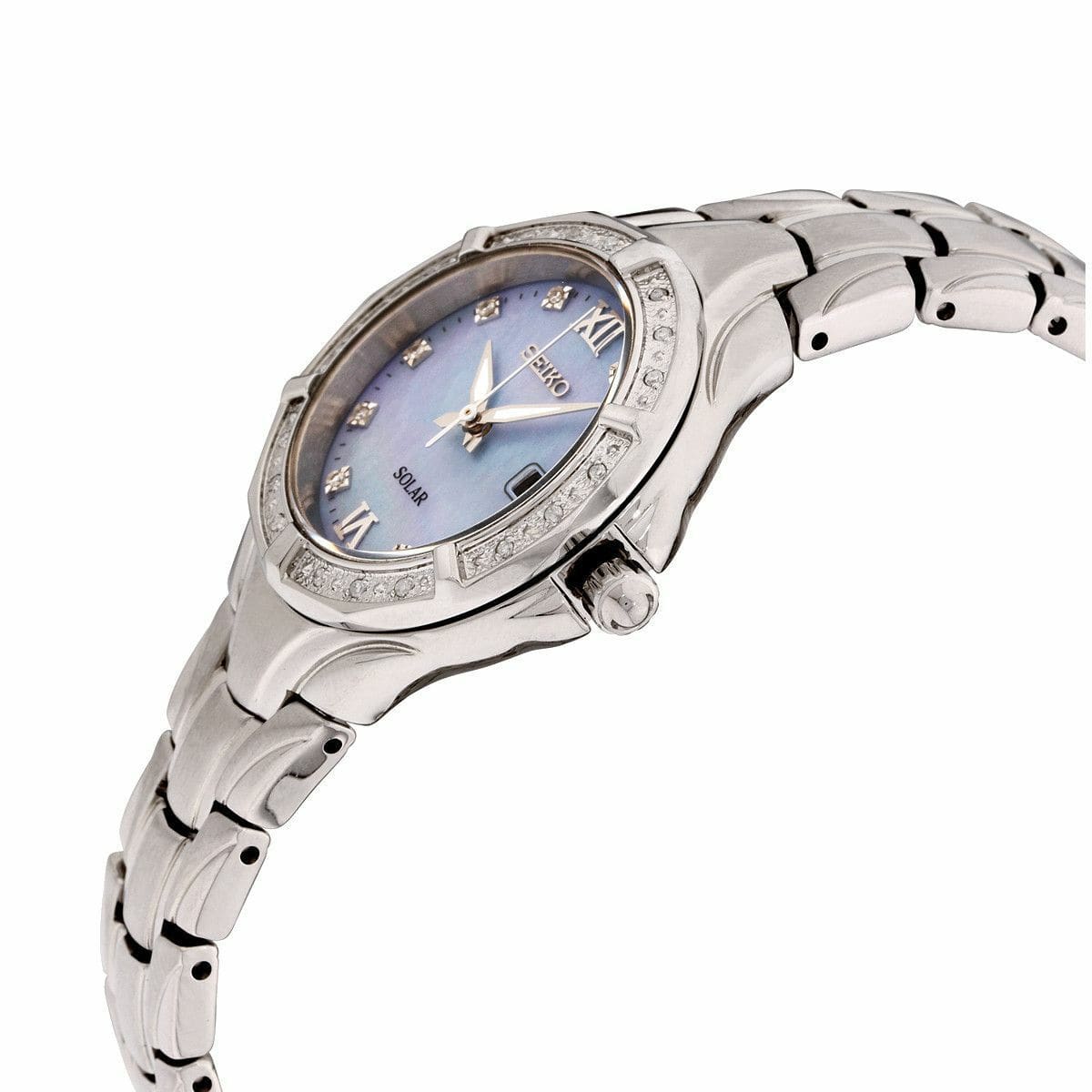 Seiko SUT371 Stainless Steel Diamond Bezel Mother of Pearl Dial Eco-Drive Watch 029665193780