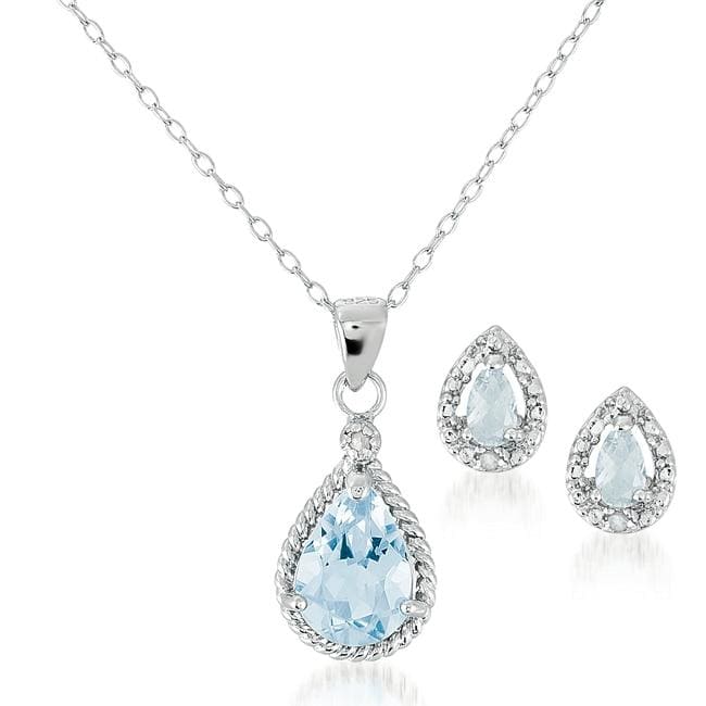 Sterling Silver 4459 Blue Topaz Diamond Pendant Earring Set
