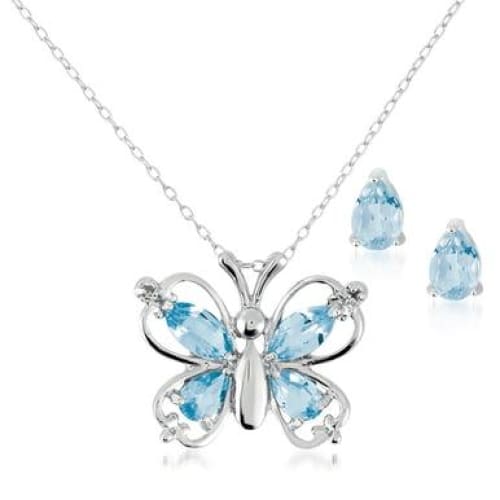 Sterling Silver Blue Topaz Butterfly Diamond Pendant Earring