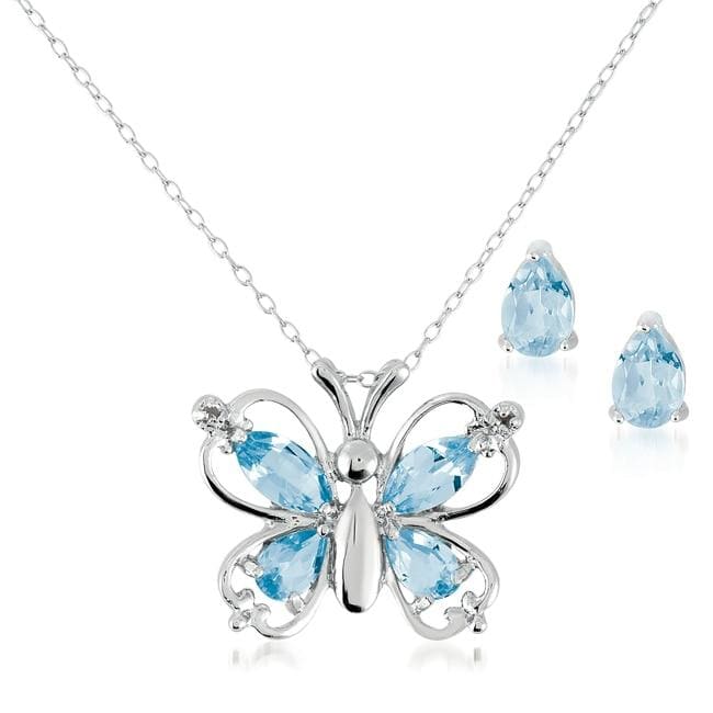 Sterling Silver Blue Topaz Butterfly Diamond Pendant Earring Set