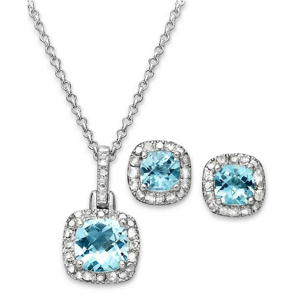 Sterling Silver Cushion Blue Topaz/Sapphire with White Diamonds Pendant Necklace and Earrings Set